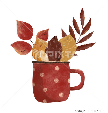 Charming autumn illustration of a red polka-dot mug filled with colorful fall leaves. Perfect for seasonal decor, kids' books, or nature designs. Ideal for cards, prints, and crafts Charming autumn illustration of a red polka-dot mug filled with colorful fall leaves. Perfect for seasonal decor, kids' books, or nature designs. Ideal for cards, prints, and crafts 132071198
