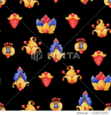Seamless watercolor pattern with whimsical stylized flowers and berries in blue, red, and yellow tones Seamless watercolor pattern with whimsical stylized flowers and berries in blue, red, and yellow tones 132071203