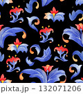 Seamless watercolor pattern with curly blue leaves and red flowers, inspired by medieval botanical ornaments. 132071206
