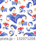 Seamless watercolor pattern with curly blue leaves and red flowers, inspired by medieval botanical ornaments. 132071208