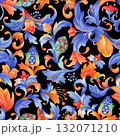 Seamless medieval watercolor pattern with rich botanical elements, curly leaves, flowers, and berries 132071210