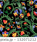 Seamless watercolor pattern with circular branches, curly leaves, and flowers, inspired by medieval botanical ornaments. 132071212