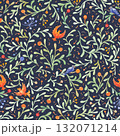 Delicate seamless watercolor pattern with branches, leaves, and birds, inspired by medieval miniatures 132071214