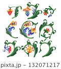 Hand-painted watercolor set of circular branches with curly leaves and flowers, inspired by medieval botanical ornaments, 132071217
