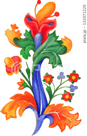 Elegant hand-painted watercolor ornament composed of leaves and flowers, inspired by medieval botanical motifs. 132071220