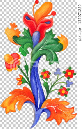 Elegant hand-painted watercolor ornament composed of leaves and flowers, inspired by medieval botanical motifs. 132071220