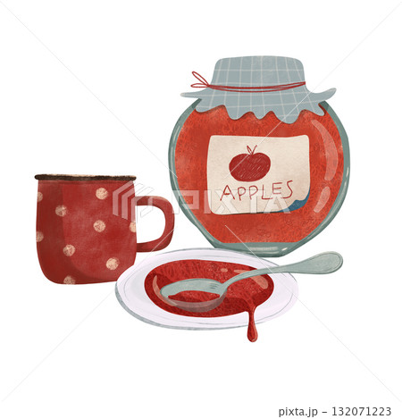 Adorable children's illustration of apple jam jar, red polka-dot mug, plate with jam, and spoon. Perfect for kids' books, kitchen decor, or fall recipes. Ideal for prints and crafts 132071223