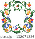 Elegant watercolor frame with ornate intertwining branches and flowers, hand-painted in a medieval ornamental style 132071226