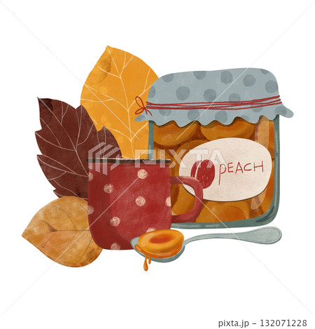 Cute autumn children's illustration featuring a jar of peach jam with label, red polka-dot mug, spoon with dripping jam, colorful fall leaves. Ideal for kids books, harvest themes, cozy kitchen art Cute autumn children's illustration featuring a jar of peach jam with label, red polka-dot mug, spoon with dripping jam, colorful fall leaves. Ideal for kids books, harvest themes, cozy kitchen art 132071228
