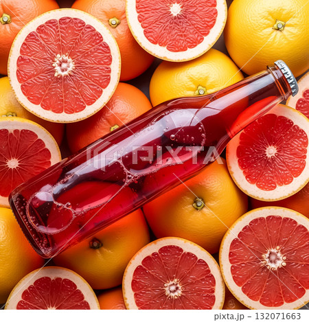 Brightly colored citrus fruits surround refreshing beverage on a table Brightly colored citrus fruits surround refreshing beverage on a table 132071663