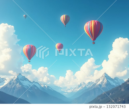 Colorful hot air balloons float over majestic mountains under a clear blue sky 132071743