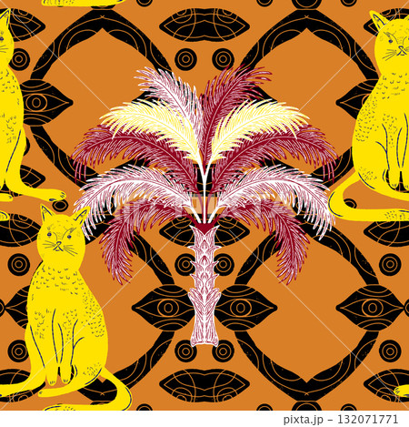 sketch tropical palm leaves and palm tree on vintage background sketch tropical palm leaves and palm tree on vintage background 132071771