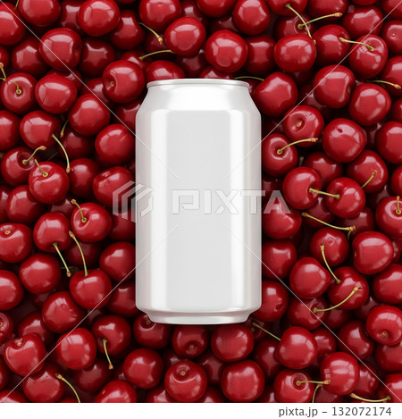 Bright red cherries surround a blank aluminum can on a white background ready for customization and branding opportunities 132072174