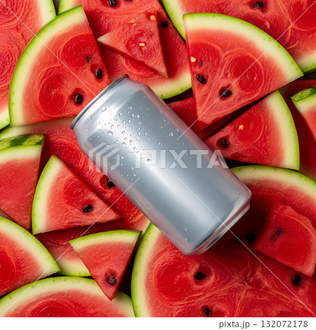 Refreshing summer drink surrounded by juicy watermelon slices on a vibrant backdrop 132072178