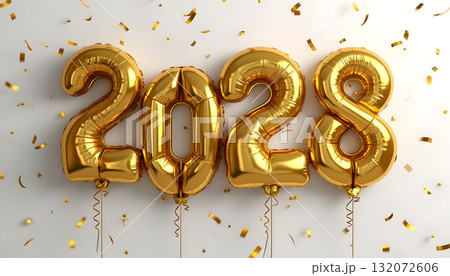 Celebration of the new year 2028 with golden balloons and festive confetti 132072606