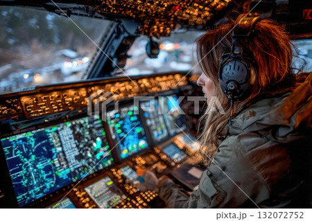 Female pilot operating aircraft cockpit with advanced control panels 132072752
