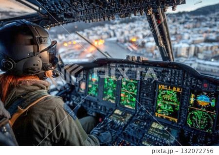 Helicopter pilot operating controls in cockpit with advanced instrumentation Helicopter pilot operating controls in cockpit with advanced instrumentation 132072756
