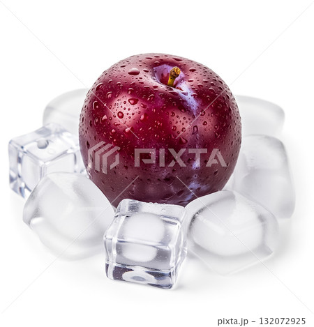 Fresh red apple resting on ice cubes with droplets of water in a bright setting creating a refreshing visual appeal 132072925
