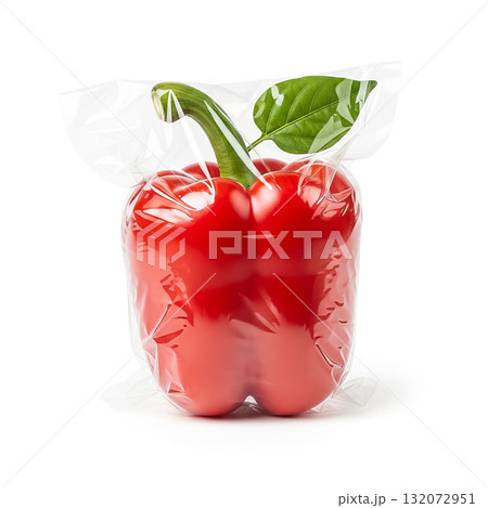 Red bell pepper in clear plastic packaging placed on white background with green leaf Red bell pepper in clear plastic packaging placed on white background with green leaf 132072951