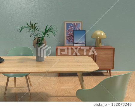 シンプルなリビングルーム、ダイニングルームのフォトリアル3Dイラスト シンプルなリビングルーム、ダイニングルームのフォトリアル3Dイラスト 132073249