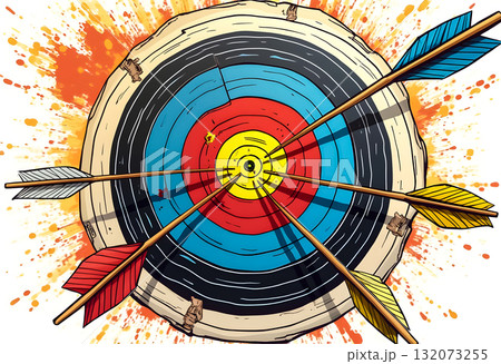 Colorful target with multiple arrows embedded, showcasing archery precision and skill during a training session Colorful target with multiple arrows embedded, showcasing archery precision and skill during a training session 132073255