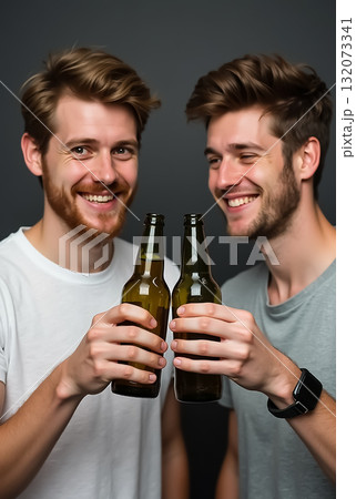 Friends celebrate with cheers holding beer bottles in a casual indoor setting Friends celebrate with cheers holding beer bottles in a casual indoor setting 132073341