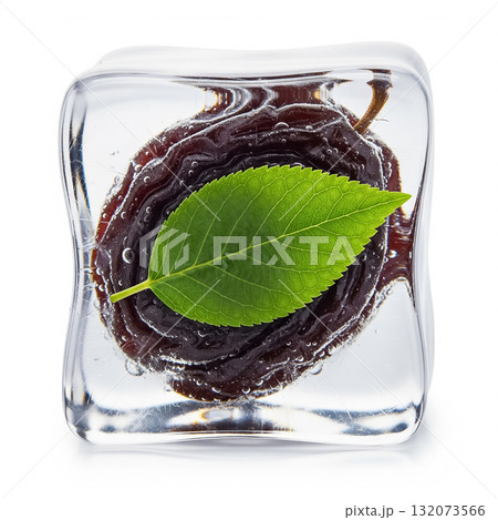 Unique ice cube featuring a leaf embedded in dark jelly blend showcasing culinary creativity 132073566