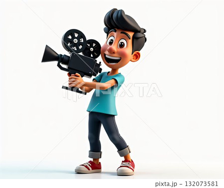 Young filmmaker joyfully holding a retro film camera with a big smile in a bright, minimalistic setting 132073581