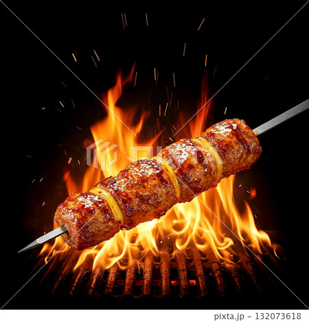 Grilled skewer cooking over an intense flame creates a deliciously smoky aroma 132073618