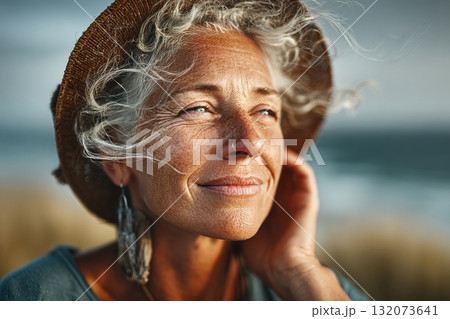 Mature woman with curly hair wearing hat, enjoying serene beach atmosphere Mature woman with curly hair wearing hat, enjoying serene beach atmosphere 132073641