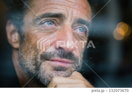 Thoughtful man gazing through window with soft lighting and reflections 132073670