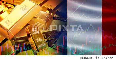 Gold bars stacked on French flag. France gold reserves, Concept Gold bars stacked on French flag. France gold reserves, Concept 132073722