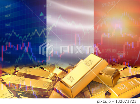Gold bars on France flag in background. Gold bars stacked on French flag. Concept of France gold reserves 132073723