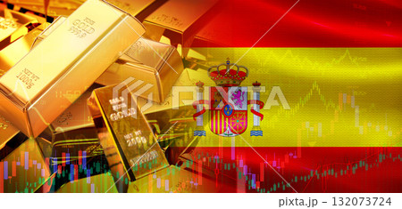 Gold bars stacked on Spanish flag. Spain gold reserves, Concept Gold bars stacked on Spanish flag. Spain gold reserves, Concept 132073724