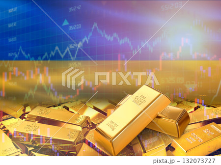 Gold bars on Ukraine flag in background. Gold bars stacked on Ukrainian flag. Concept of Ukraine gold reserves 132073727