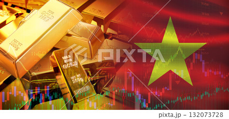 Gold bars stacked on Vietnamese flag. Vietnam gold reserves, Concept 132073728