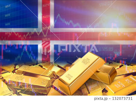 Gold bars on Iceland flag in background. Gold bars stacked on Icelandic flag. Concept of Iceland gold reserves Gold bars on Iceland flag in background. Gold bars stacked on Icelandic flag. Concept of Iceland gold reserves 132073731
