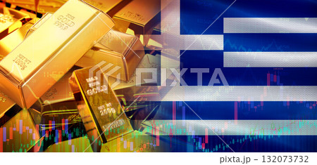 Gold bars stacked on Greek flag. Greece gold reserves, Concept 132073732