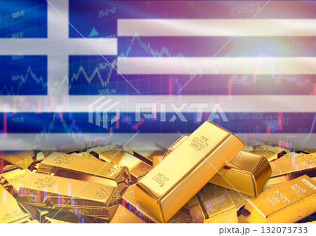 Gold bars on Greece flag in background. Gold bars stacked on Greek flag. Concept of Greece gold reserves Gold bars on Greece flag in background. Gold bars stacked on Greek flag. Concept of Greece gold reserves 132073733
