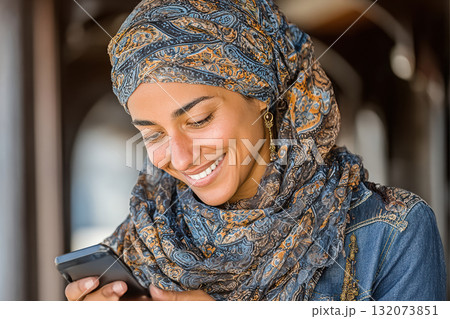 Smiling woman in colorful headscarf using smartphone with joyful expression 132073851