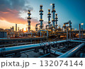 Industrial complex at sunset showcasing towering structures and extensive piping network in an urban setting 132074144