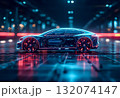 Futuristic electric car in neon lights showcasing advanced design and technology on a glossy urban road at night 132074147