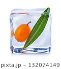 Frozen fruit and leaf captured in clear ice cube showcasing freshness and creativity in food presentation 132074149