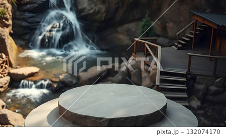 Waterfall and fountain in a green park with flowing water and rocks. 132074170