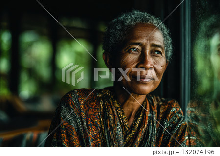 Thoughtful elderly woman gazing out window with natural light illuminating face 132074196