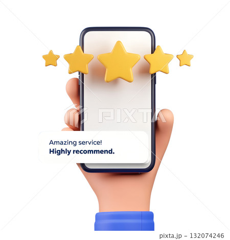 3d illustration of a smartphone showing a perfect five-star rating for service, customer satisfaction concept isolated 3d illustration of a smartphone showing a perfect five-star rating for service, customer satisfaction concept isolated 132074246