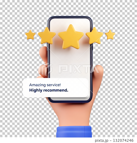 3d illustration of a smartphone showing a perfect five-star rating for service, customer satisfaction concept isolated 3d illustration of a smartphone showing a perfect five-star rating for service, customer satisfaction concept isolated 132074246