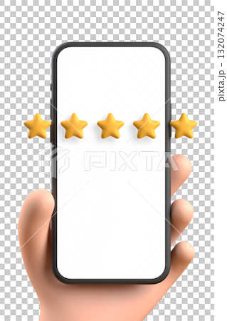 3d render of a five-star customer review and service rating displayed on a mobile phone screen, isolated on a transparent background 132074247