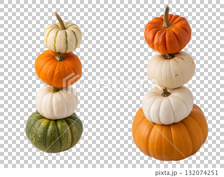 Stack of white, orange and green pumpkins for autumn harvest or halloween decor, isolated on transparent background 132074251