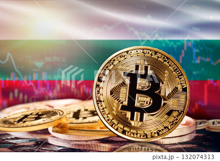 Bitcoin with Bulgaria flag in the background. Investors in cryptocurrency and Blockchain Technology in Bulgaria, Concept Bitcoin with Bulgaria flag in the background. Investors in cryptocurrency and Blockchain Technology in Bulgaria, Concept 132074313